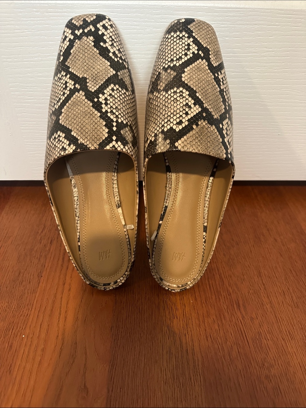 H&M Snake-Print Square-Toe Loafers in Beige and Black
